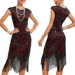 JuliaFashion - Knee Length Flapper Tassels Hem Sequined Great Gatsby Midi Dress