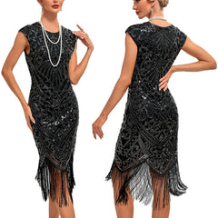JuliaFashion - Knee Length Flapper Tassels Hem Sequined Great Gatsby Midi Dress