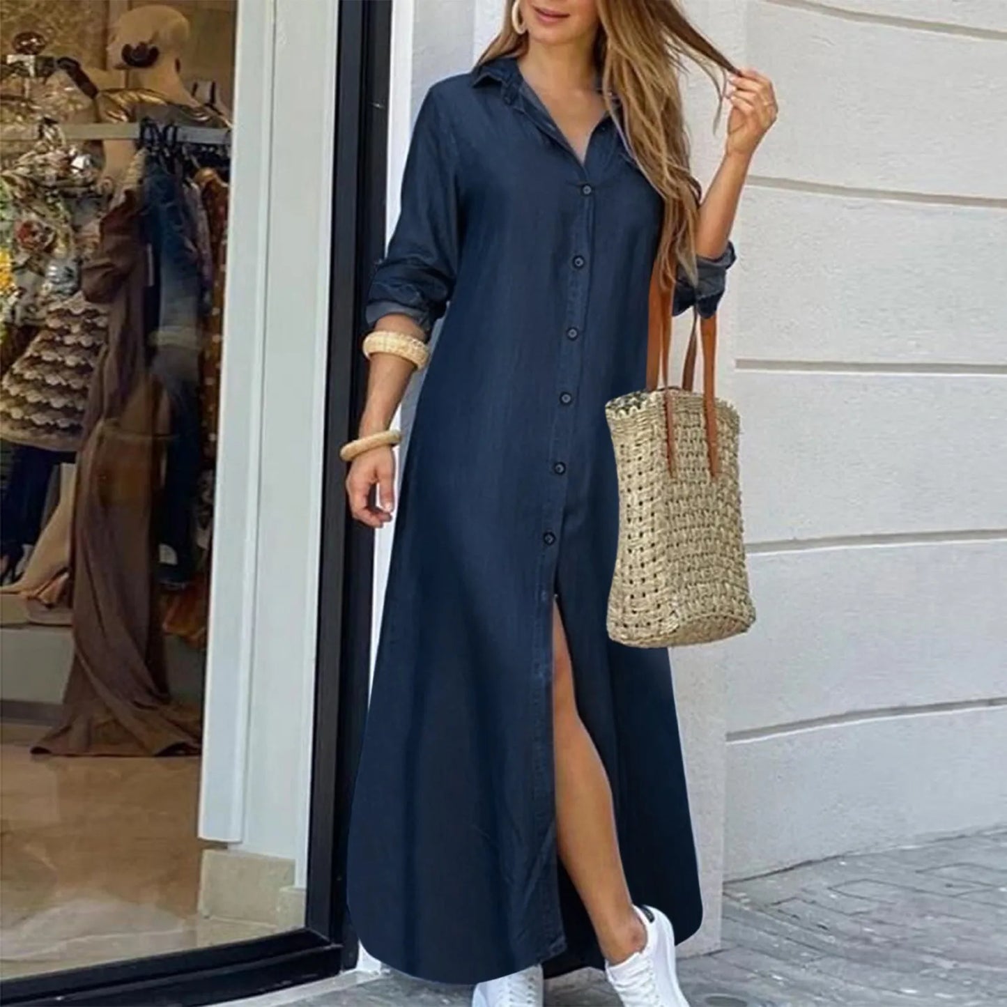 JuliaFashion - Ladies Denim Solid Color 2024 Summer New Shirt Collar Button Long Denim Mom Skirt Women Elegant Casual Wear Dress