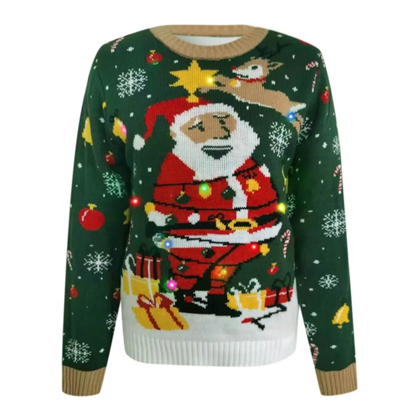 Led Light Autumn Winter Santa Jacquard Round Neck Retro Casual Christmas Sweater Sweaters-L