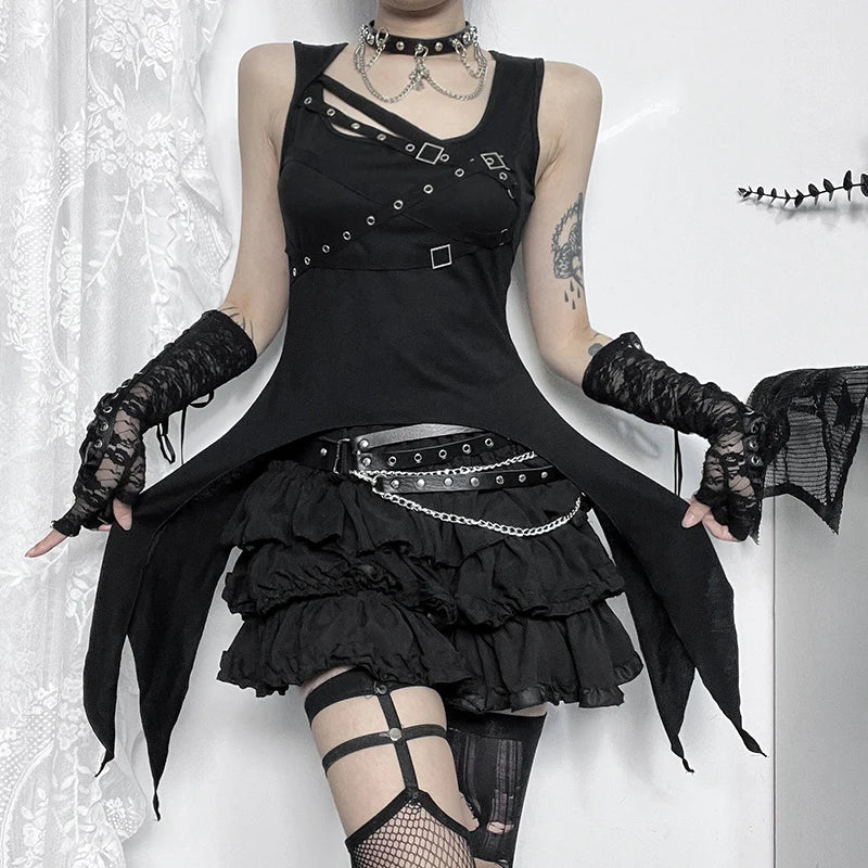 Y2K Goth Black Irregular Sleeveless Slim Vintage Summer Crop Top
