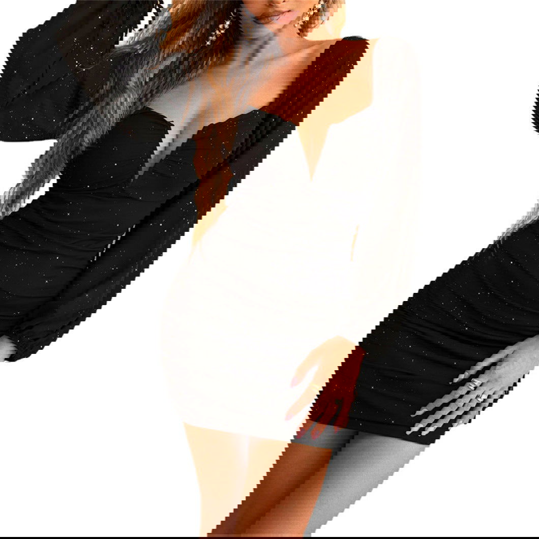 Long Sleeve Deep V Plunge Plunge Dress Tight Black Hip