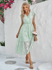 Rebecca V-Neck A-Line Dress: Floral Flutter Sleeve Surplice Midi