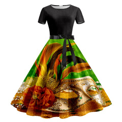 JuliaFashion - Mardi Gras 2024 Women Print Short Sleeve 1950s Evening Party Formal Belt Summer High Waist A Line Midi Dress