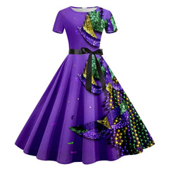 JuliaFashion - Mardi Gras 2024 Women Print Short Sleeve 1950s Evening Party Formal Belt Summer High Waist A Line Midi Dress