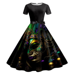JuliaFashion - Mardi Gras 2024 Women Print Short Sleeve 1950s Evening Party Formal Belt Summer High Waist A Line Midi Dress