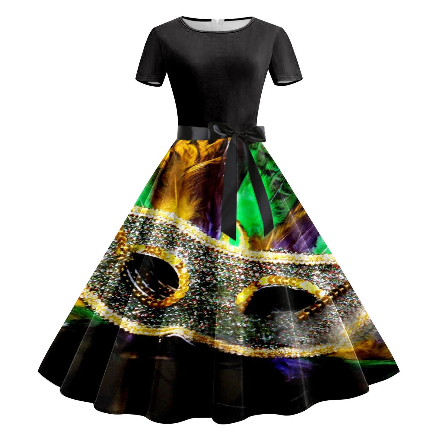 JuliaFashion - Mardi Gras 2024 Women Print Short Sleeve 1950s Evening Party Formal Belt Summer High Waist A Line Midi Dress