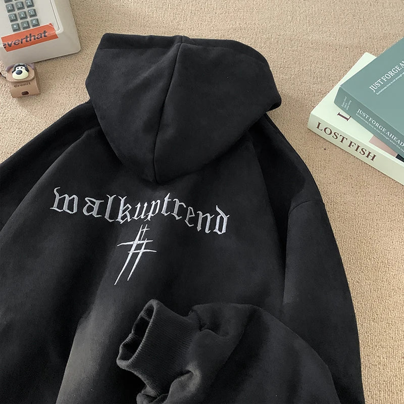 Vintage American Stylish Suede Hooded Sweatshirt