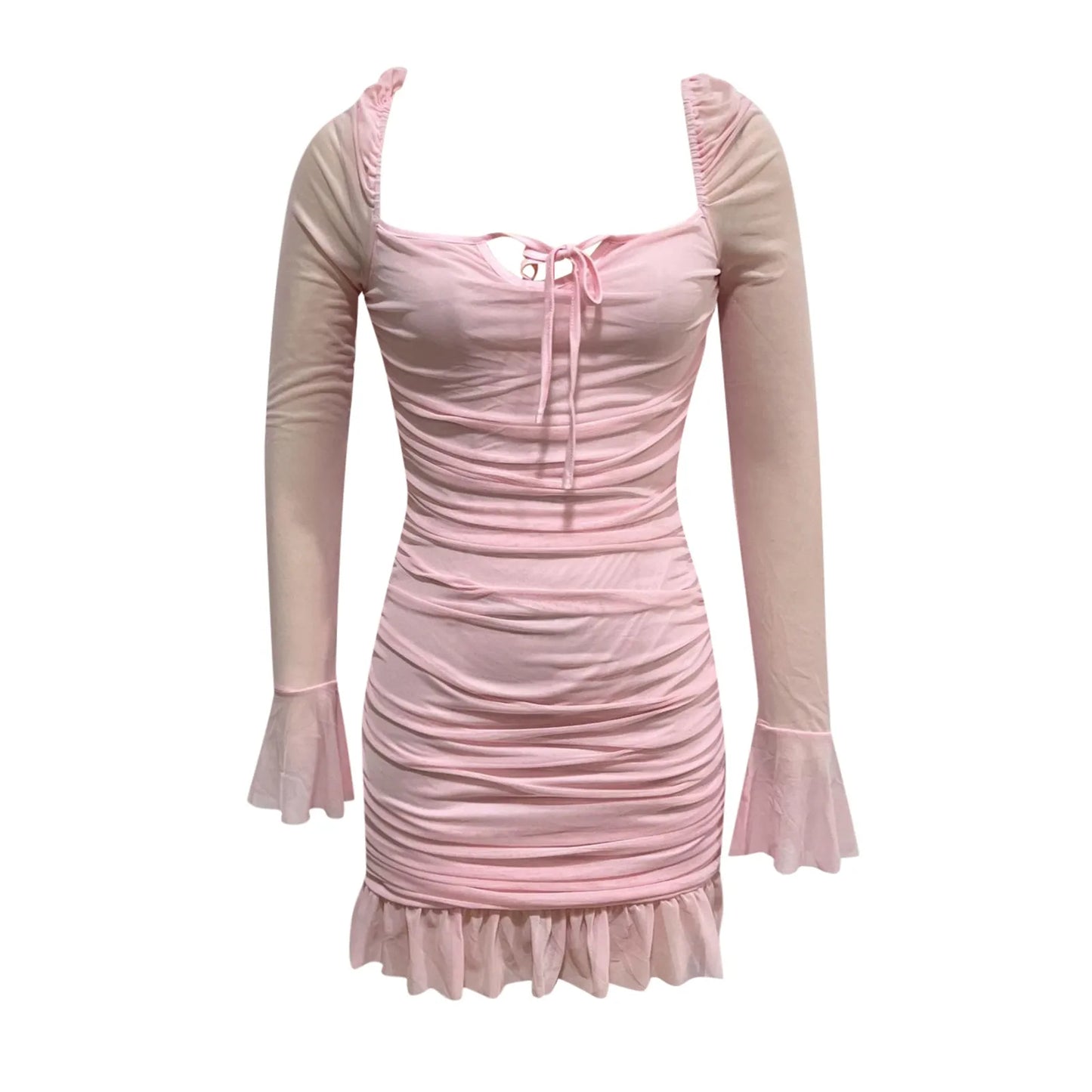 JuliaFashion - New Fashion Ruched Bodycon Square Neck Tie Up Short Mini Party Dress