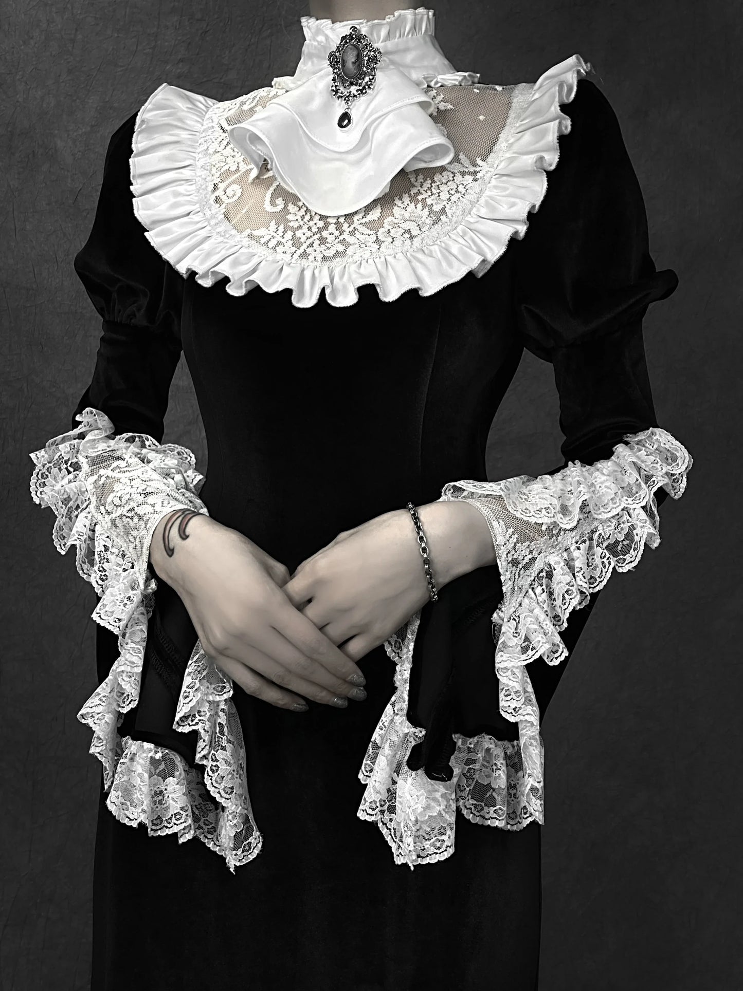 New Japanese Flare Black Long Vintage Sleeve Trumpet Turtleneck Gothic Design Dress Patch Lace Original Dress