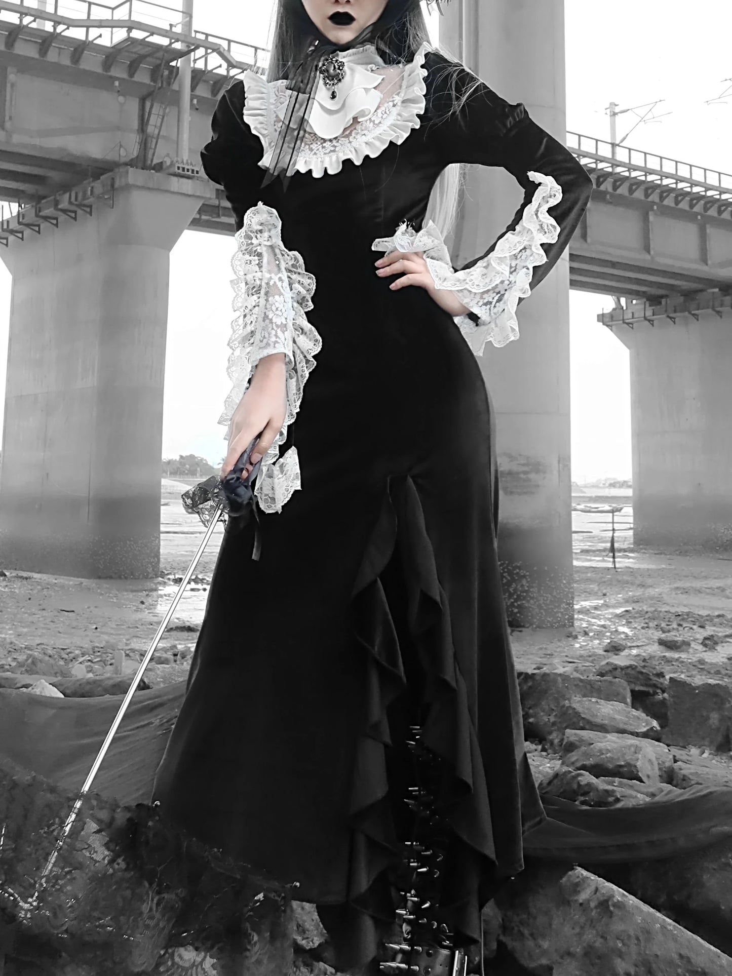 New Japanese Flare Black Long Vintage Sleeve Trumpet Turtleneck Gothic Design Dress Patch Lace Original Dress