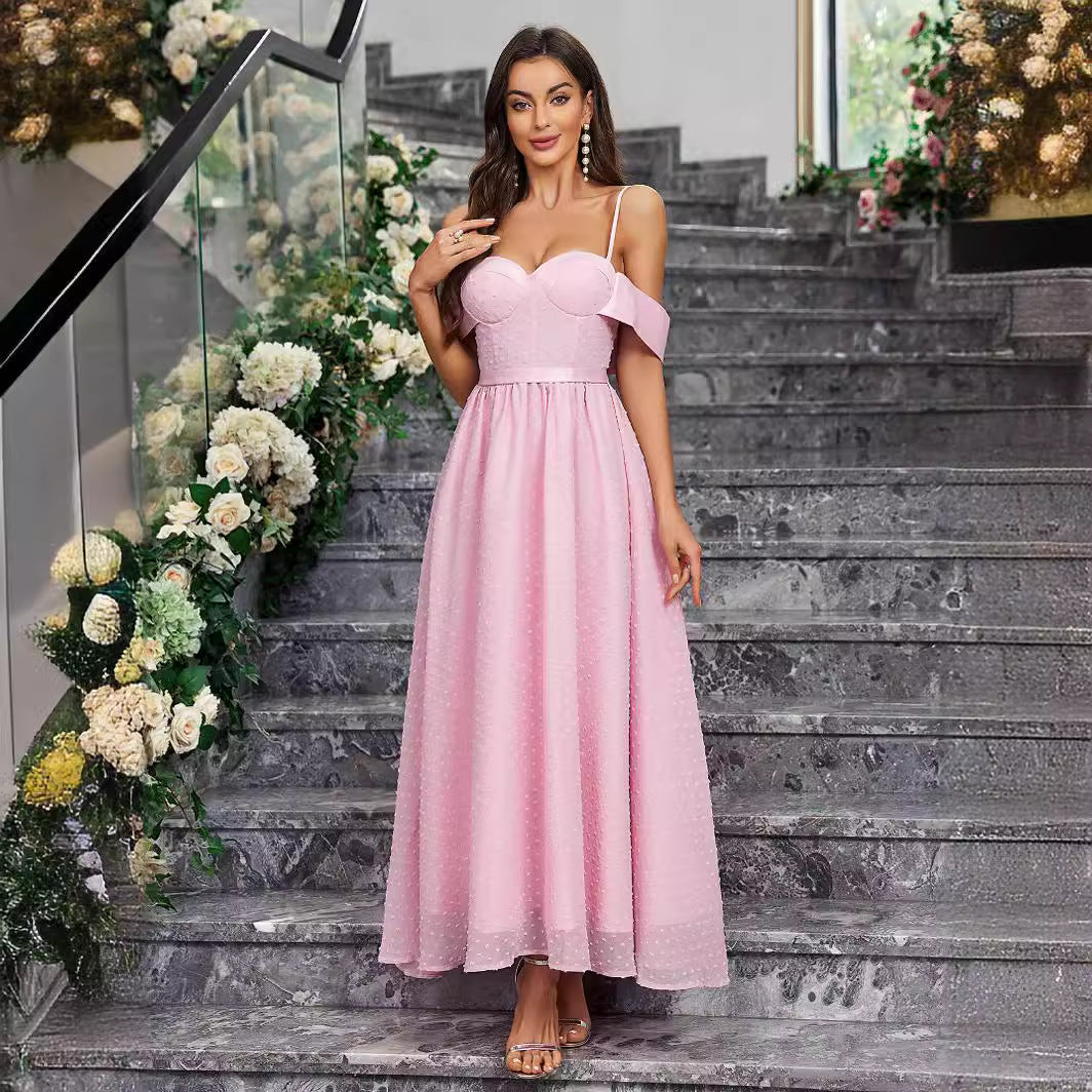 Elegant Bandeau Sling Solid Color Dress Long Slim Fit Backless Evening Dresses