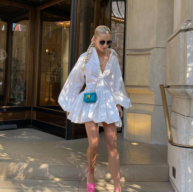 Solid Color Office Pleated Dress Collared Puff Sleeve Shirt Dress for