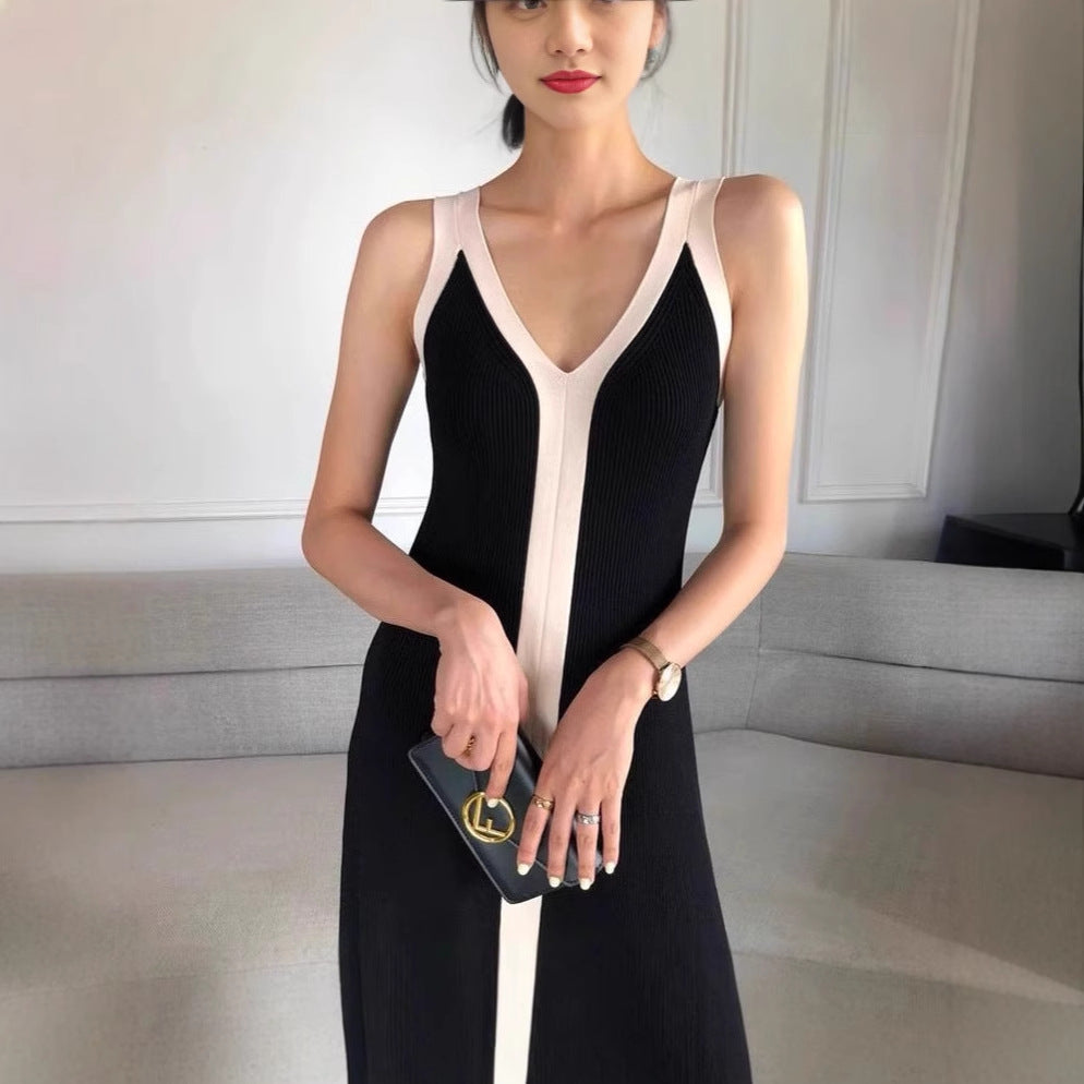 Color Matching Front Back V neck Long Spaghetti Straps Knitted Hepburn Dress Black