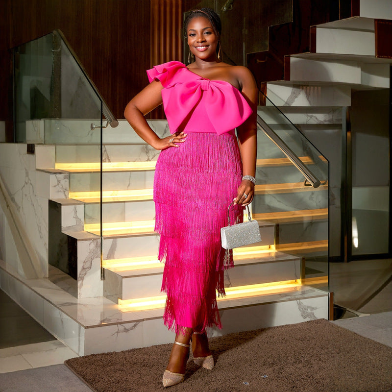 Elegant Solid Color Sheath Tassel Dress Party Cocktail Diagonal Collar Big Bow Dress