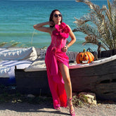 Rose Flame One-Shoulder Swimsuit Set - Rose Red