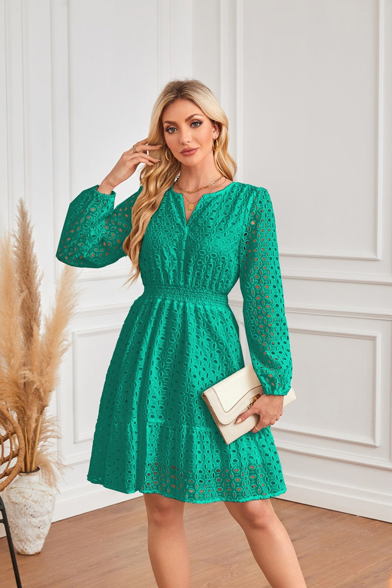 V Neck Hollow Out Cutout Eyelet Embroidery Pleated Long Sleeve Dress