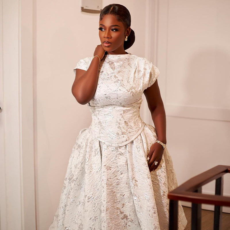 Elegant Advanced Printed Waist Controlled Short Sleeve A line Mid Length Dress