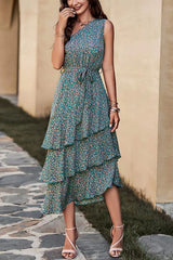 Green One Shoulder Ruffle Trim Dress With Print S / Blue One Shoulder Print Maxi Dress