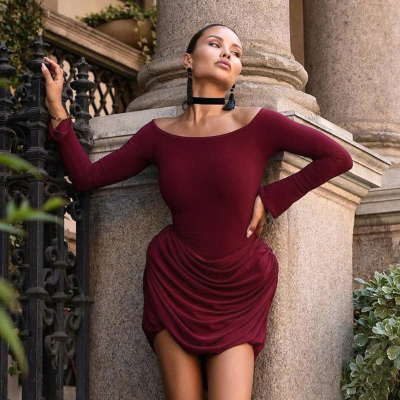 Solid Color off Shoulder Long Sleeve High Waist Short Dress