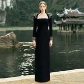 Elegant Heavy Industry Gem Diamond Long Sleeve Maxi Dress Formal Dress