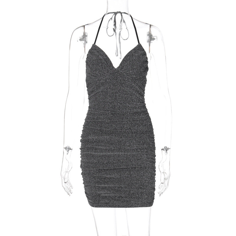 Pure Slip Dress Bright Silk V neck Halter Pleated Midi