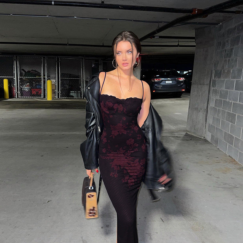 Strap Lace Slim Sheath Print Retro Dress