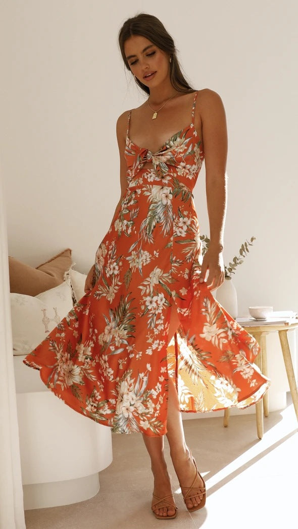 Sundress Small Maxi Floral Print Fresh Sweet Spaghetti-Strap Dress