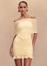Off-Shoulder Mesh Ruched Mini Dress