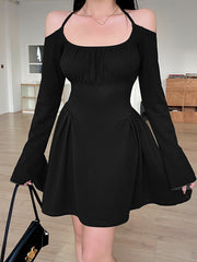 Green Cold Shoulder Dress With Fairycore Vibes L / Black Long Sleeve Skater Dress