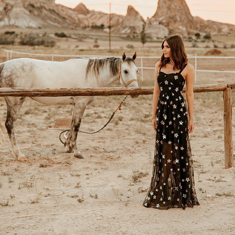 Five Pointed Star Mesh Camisole See Through Dress Maxi Dress