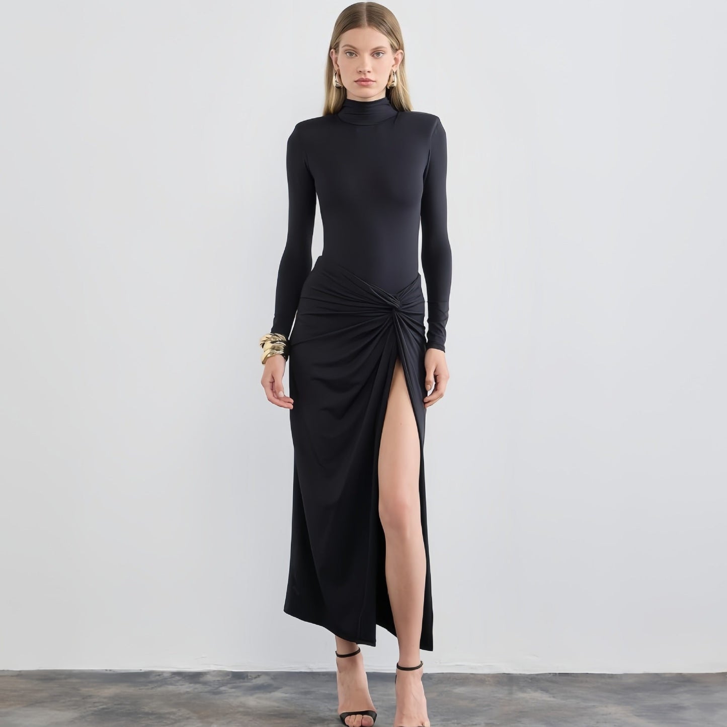 Fall Half Turtleneck Slit Pleated