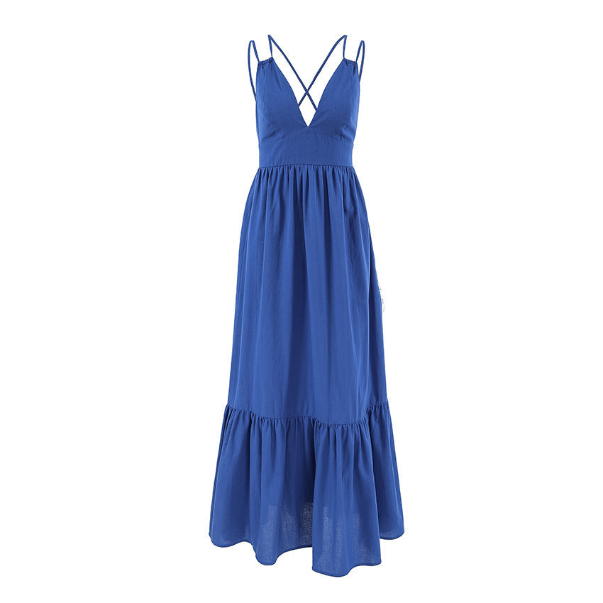 French Vacation Blue Cotton Linen V neck Strap Backless Dress Dress
