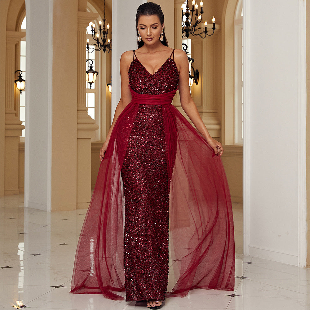 Sleeveless Elegant Long Sequined Lace V neck Backless Cocktail Evening Bridesmaid Maxi