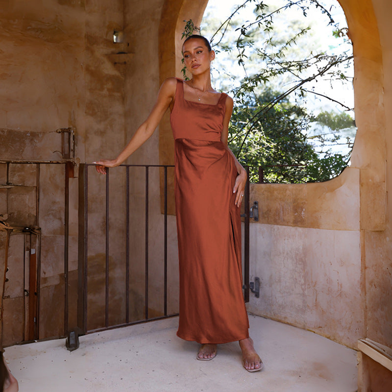 V Neck Sleeveless Solid Color Sheath Dress