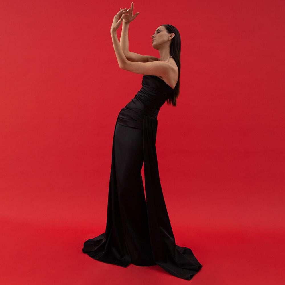 Black Tube Top Pleated Ribbon Dress Dress