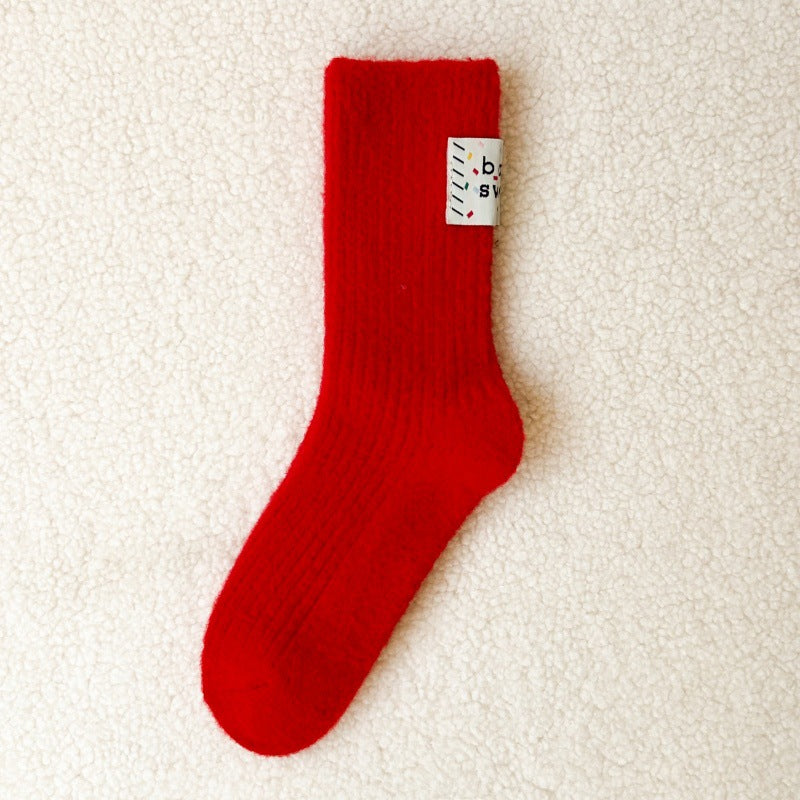 Embroidered Red Mid Calf Coral Fleece Cozy Christmas Socks