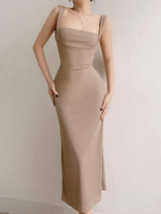 Black Tank Long Bodycon Dress With Tie Back S / Khaki Khaki Bodycon Dress