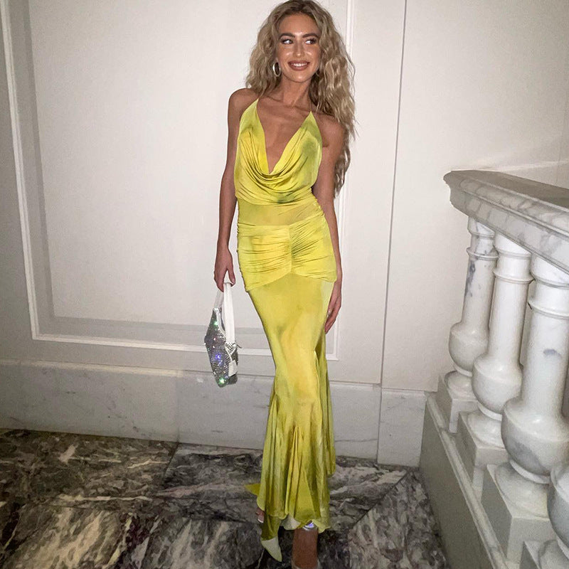 Elegant Slightly Mature Halter Deep V Plunge Printed Long Lotus Leaf Dress