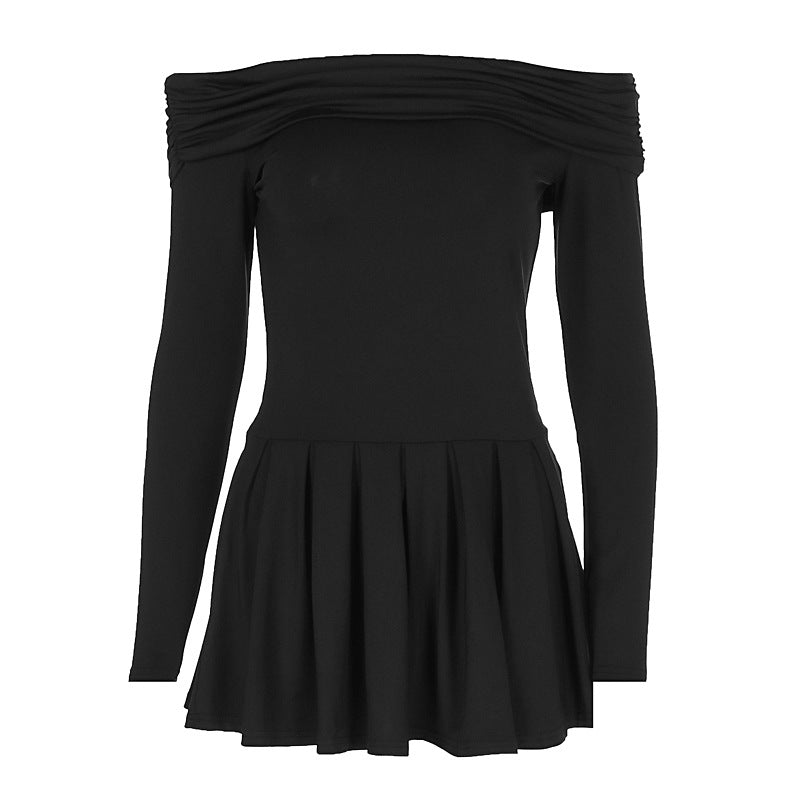 off the Shoulder Slim Fit Long Sleeved Pleated Dress