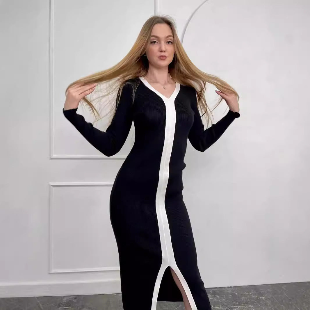 Long Sleeve V neck Stitching Contrast Color Knitted Dress Slim Slimming Tight