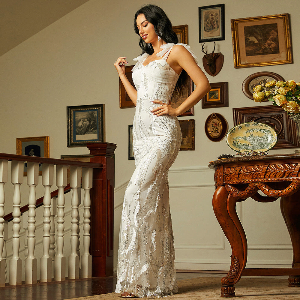 Sleeveless Elegant Long Sequined off Neck Backless Evening Dress Bridesmaid Dress Sequin Tie