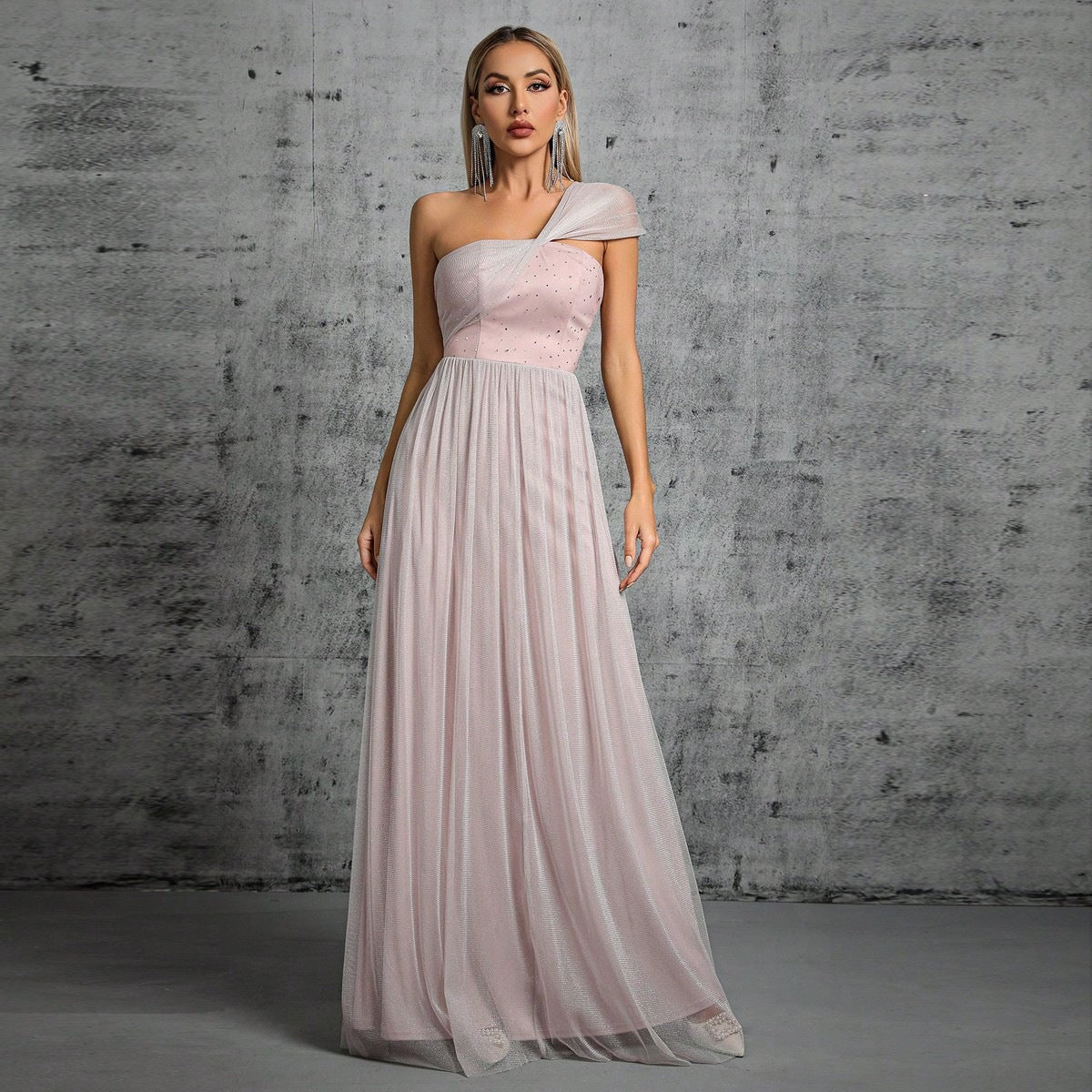 One Shoulder Evening Dress Adult Ceremony Ball Gauze Waist Slimming Elegant Dress Annual Party Evening