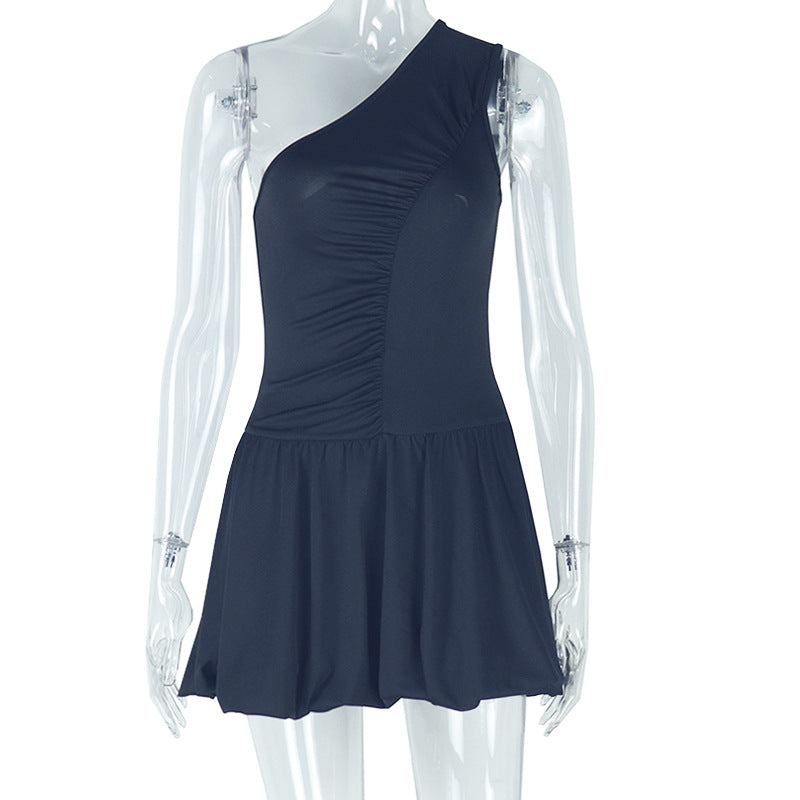 Elegant Irregular Asymmetric Shoulder Solid Color A line Diagonal Collar Sleeveless Ruffled Short Dress