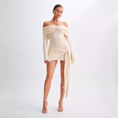 Sidony - Waist Knot Off-Shoulder Knitted Mini Dress