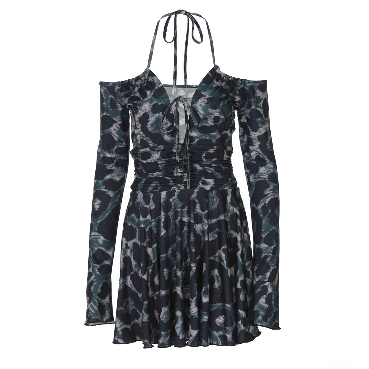 Pattern Print Long Sleeve Tether Halter Pleated Dress