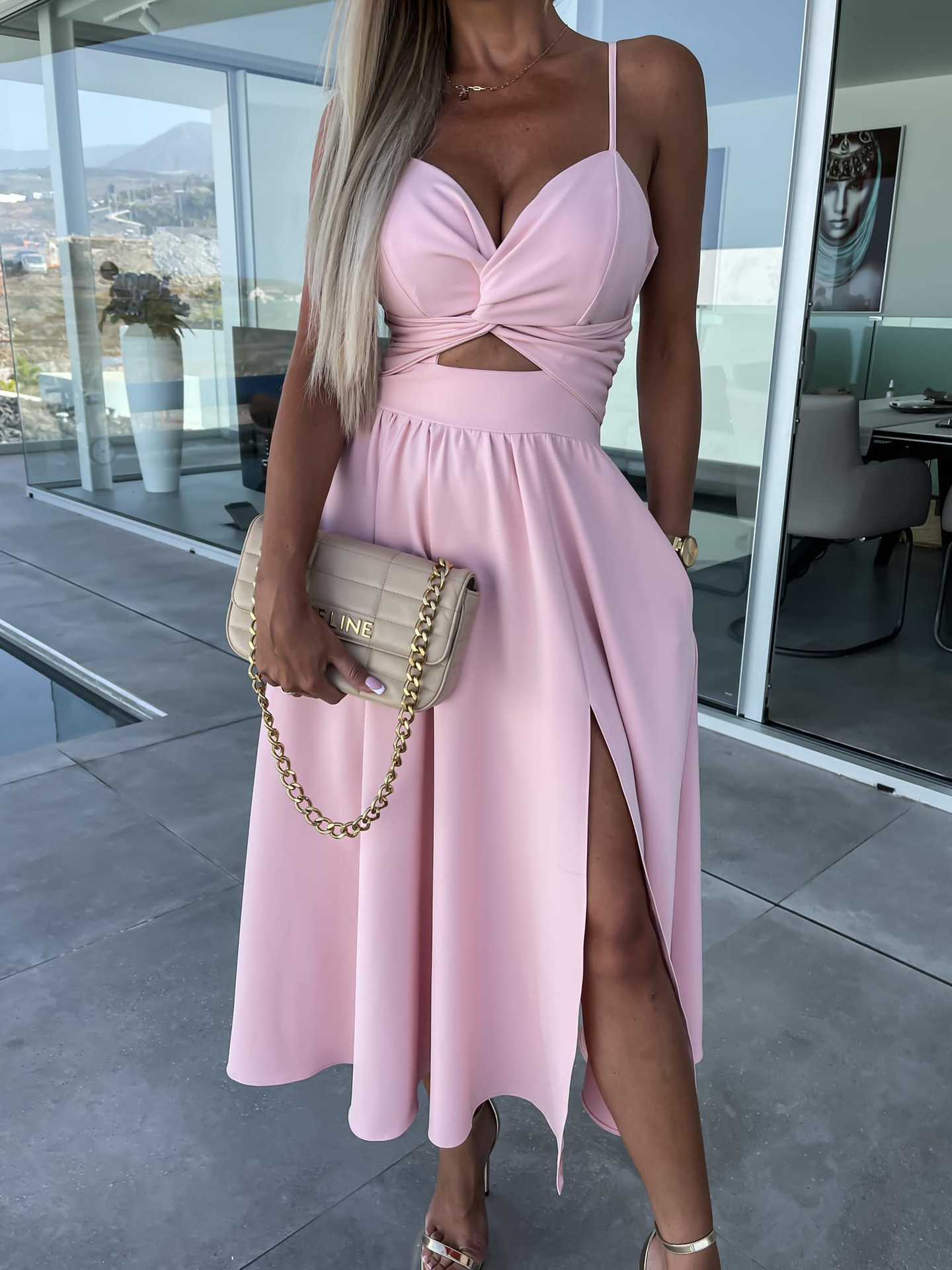 Socialite Deep V Plunge neck Hollow Out Cutout- Big Slit Hemline Camisole Gown Dress