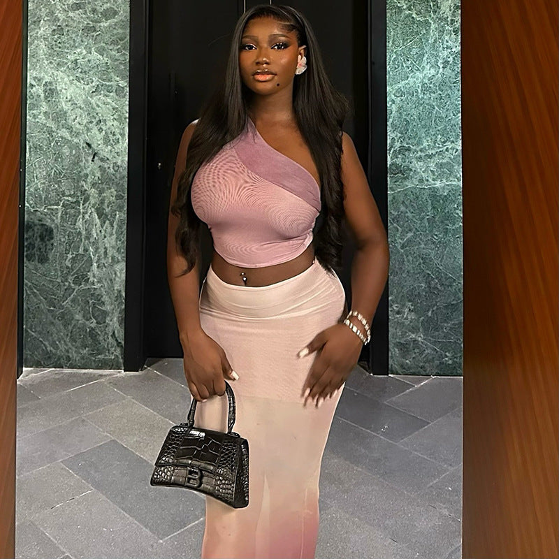 Fresh Cropped Sheath Tight Gradient Color Skirt Set Diagonal Collar Micro Transparent Dress Two Piece Set