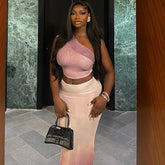 Fresh Cropped Sheath Tight Gradient Color Skirt Set Diagonal Collar Micro Transparent Dress Two Piece Set