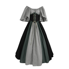 Medieval Retro Color Block Off Shoulder Party Dress